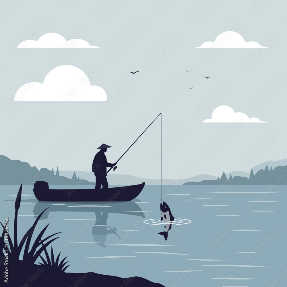 Naklejka premium Fishing scene shows a silhouette of a man catching a fish in a boat on a serene lake