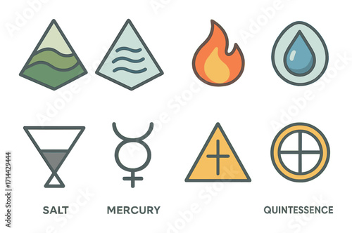 Alchemy elements flat icon set. featuring earth, water, fire, air, salt, mercury, sulfur, quintessence