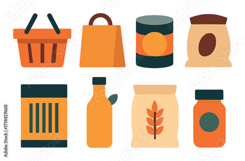 Grocery shopping flat icons set. featuring basket, bag, canned food, jar, bottle, and container symbols