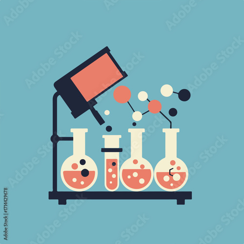 Stylized science illustration showcasing flasks, liquid, molecules against a teal background