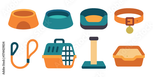 Pet supplies silhouette icon set. featuring bowl, collar, leash, carrier, bed, scratching post, litter box