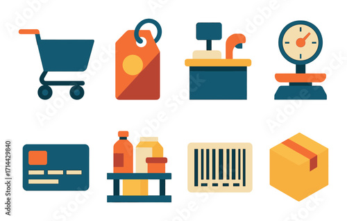 Shopping and retail flat icons set. featuring cart, price tag, sink, scale, card, groceries, barcode, and box