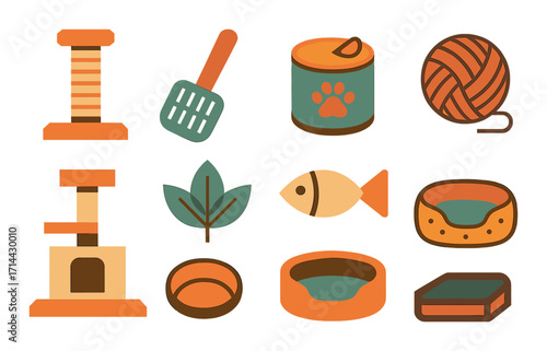 Pet supplies flat icon set. featuring scratching post, litter scoop, food can, yarn ball, and cat tree