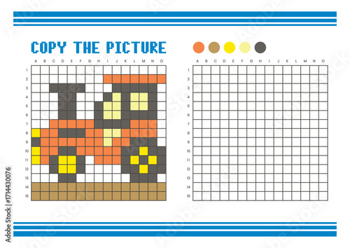 Copy the picture grid drawing worksheet for kids. Pixel art tractor