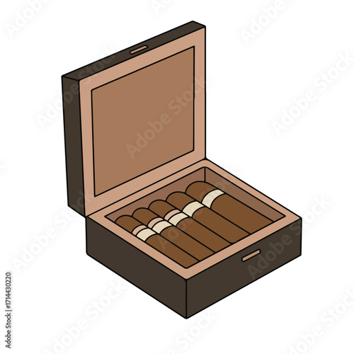 Vector illustration of an opened wooden box containing dark brown cigars on a white background