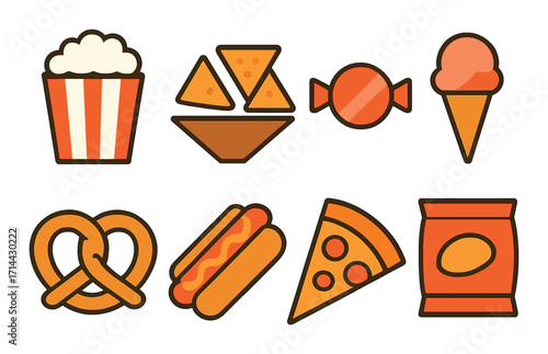 Snack foods flat icon set. featuring popcorn, nachos, candy, ice cream, pretzel, hot dog, pizza, chips
