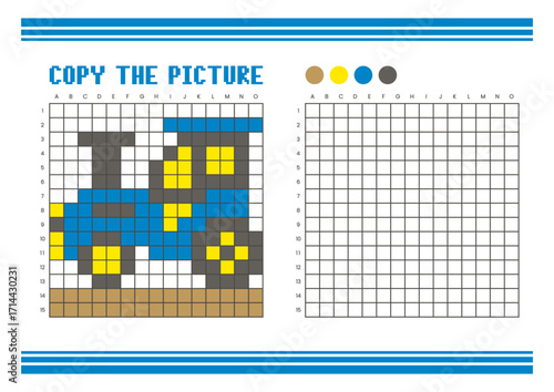 Copy the picture grid drawing worksheet for kids. Pixel art tractor