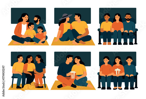 Family moments flat icon set. featuring parents, children, sitting, gift, pet, and couple symbols