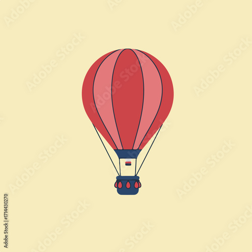 A flat cartoon of a red hot air balloon, with dark-blue details, on a light-yellow background
