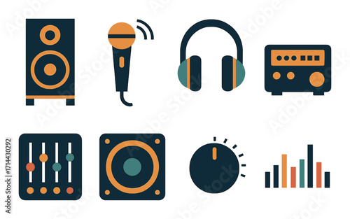 Music audio flat icon set. featuring speaker, microphone, headphones, radio, equalizer, volume, knob, and bar graph