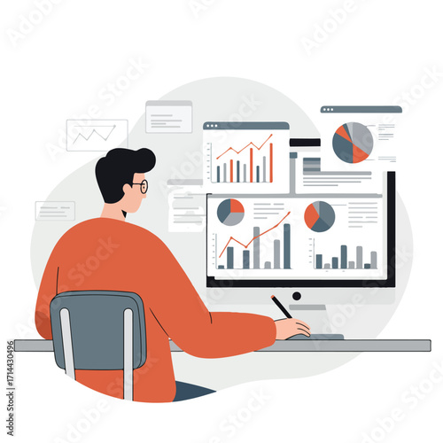 Person analyzes data presented as charts on a computer screen, using a stylus