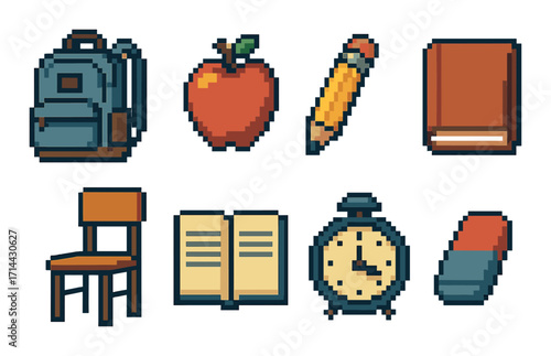 School supplies flat icon set. featuring backpack, apple, pencil, book, chair, open book, clock, and eraser.