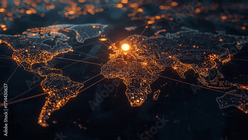 Futuristic glowing world map with data connections