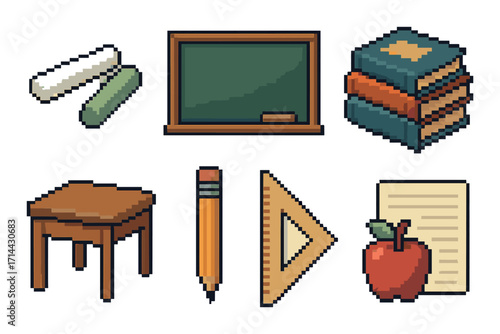Education flat icon set. featuring chalkboard, books, stool, pencil, triangle ruler, apple, paper