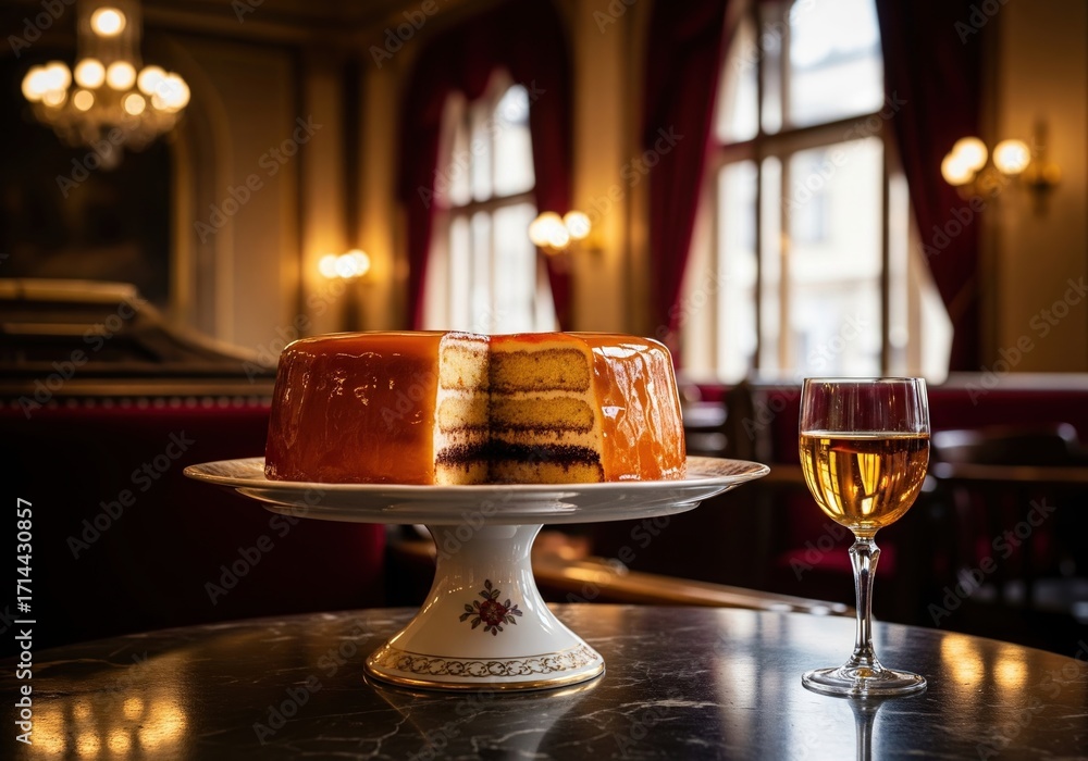 Obraz premium Hungarian Dobos Torte with a shiny caramel glaze and a glass of wine in a classic cafe