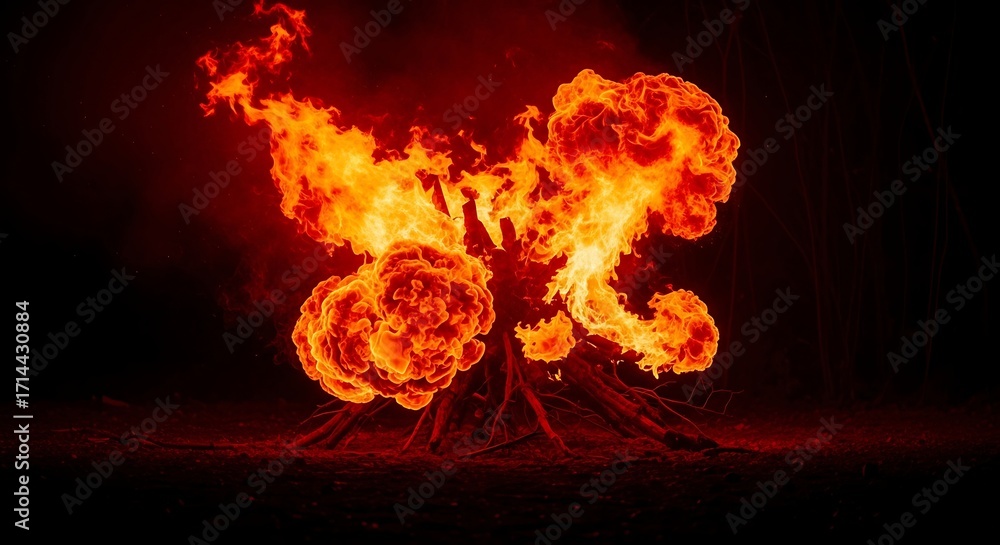 Fototapeta premium Fiery Explosion Against Black Backdrop - Intense Heat and Destruction.