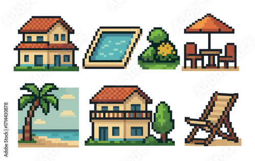 Vacation and travel pixel icon set. featuring house, pool, garden, umbrella, beach, palm tree, and chair.