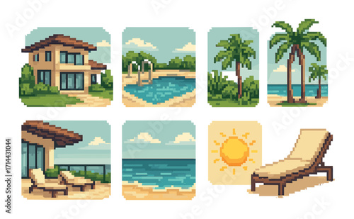 Beach resort pixel art icon set. featuring villa, pool, palm trees, ocean, sun, and lounge chair