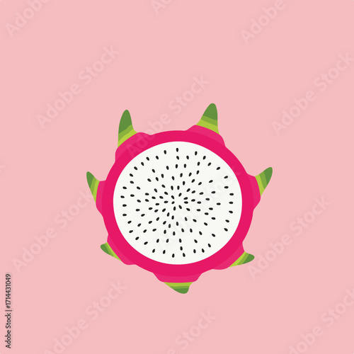 Flat design style illustration of a sliced dragon fruit set against a pink background
