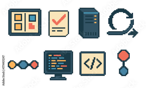 Software development flat icons set. featuring planning, testing, server, agile, code, development cycle