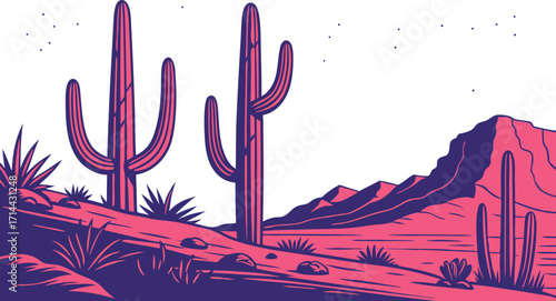 Vibrant desert landscape illustration with cacti, mountains, and starry sky for travel posters