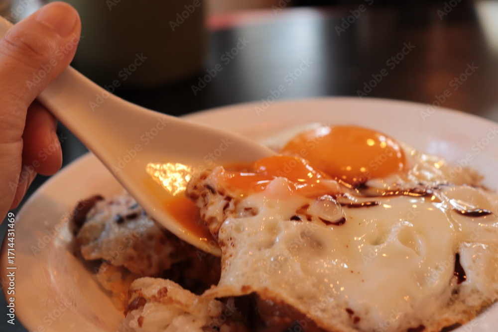 Φωτογραφία Spoon Breaking Soft Egg Yolk on Yakibuta Tamago Gohan スプーンで卵黄を崩す焼き豚卵飯