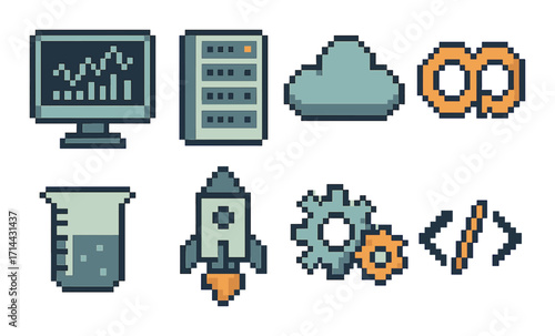 Technology pixel icon set. featuring analytics, server, cloud, infinity, beaker, rocket, gears, code symbols