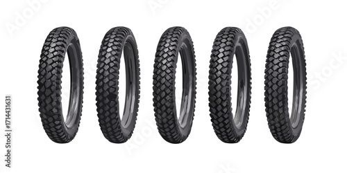 Five motorcycle tires with knobby tread pattern isolated on transparent background