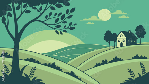 Peaceful rural landscape illustration with rolling hills and charming farmhouse in calming hues