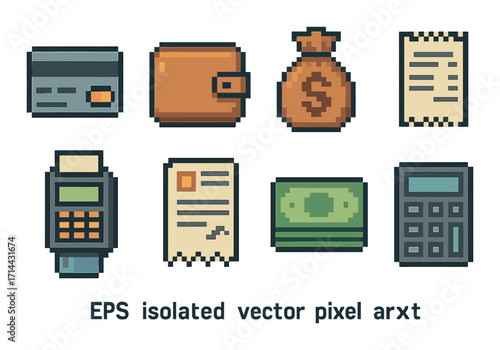 Financial pixel icon set. featuring cash, card, wallet, receipt, calculator, money bag symbols