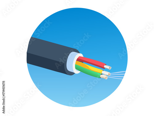 Close up of a fiber optic cable with three colored wires isolated on transparent background