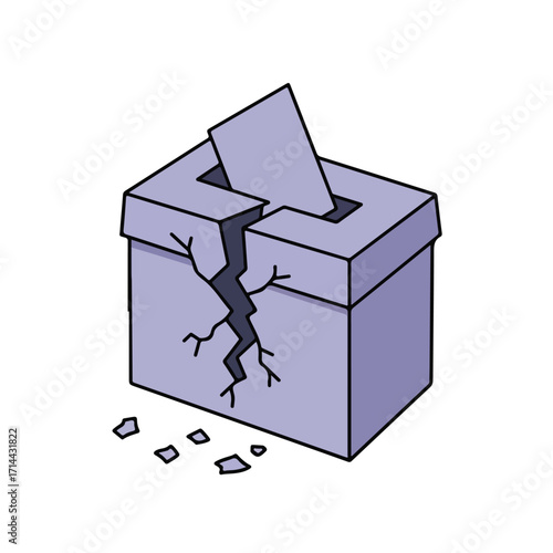 A cracked, light-purple voting box with a ballot sticking out, isolated on white