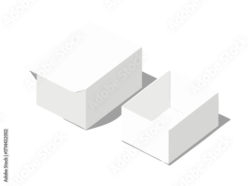 Two white isometric boxes one open and one closed isolated on transparent background