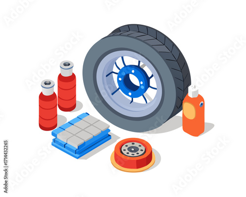 Car tire and maintenance supplies isometric illustration isolated on transparent background