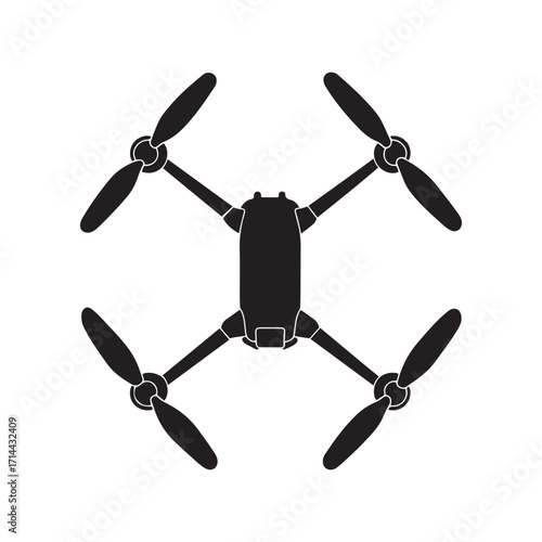 Black Drone Silhouette with Four Propellers Isolated on White