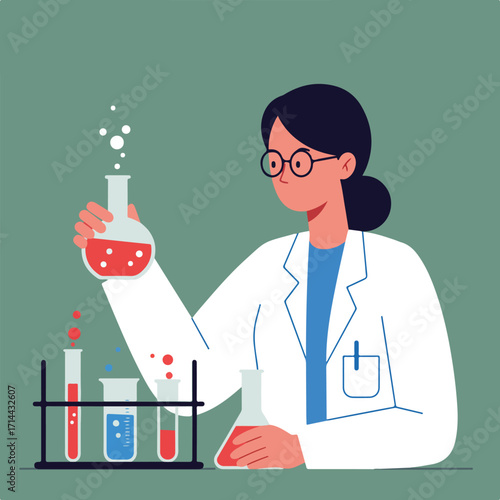 Illustration of a scientist holding a flask with test tubes and lab equipment nearby