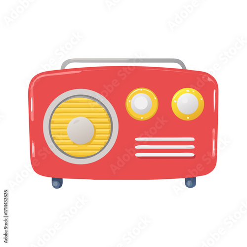 Retro red radio with speaker and knobs isolated on transparent background