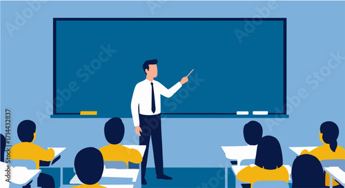 Illustration of a teacher in front of a blackboard with students.