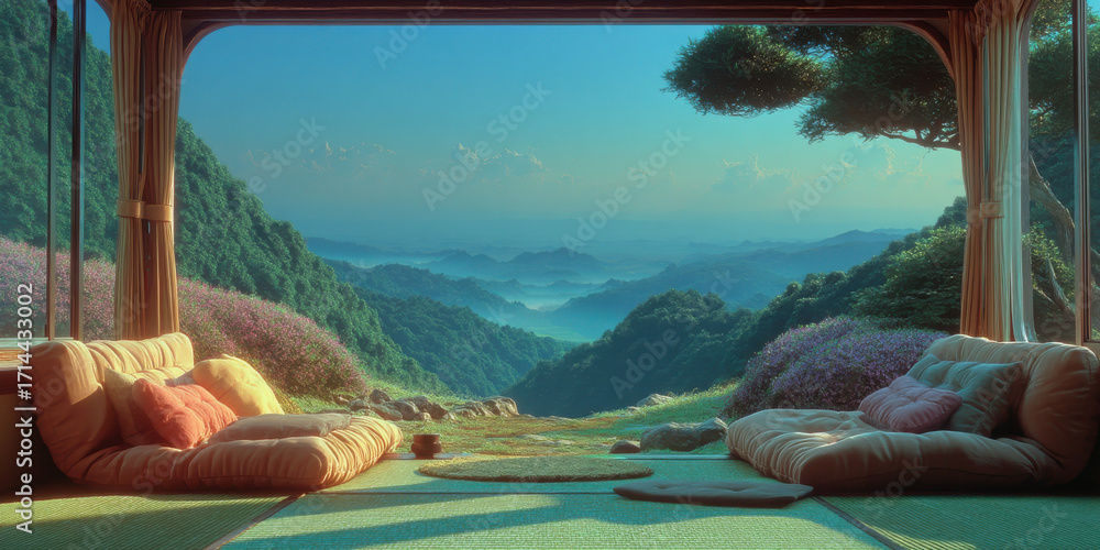 Fototapeta premium Cozy open room with soft cushions and pillows overlooking lush green mountains and misty blue sky creating peaceful calm