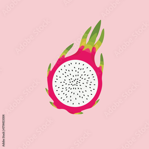 Illustrated halved dragon fruit with seeds, green scales on pink background in flat design