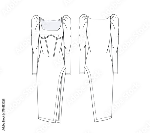 Midi Dress fashion flat technical drawing template puff sleeves, side split, square neck, front and back view