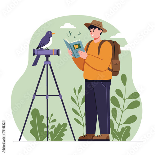 Cartoon illustration of a man birdwatching, reading a book beside a perched bird on a telescope