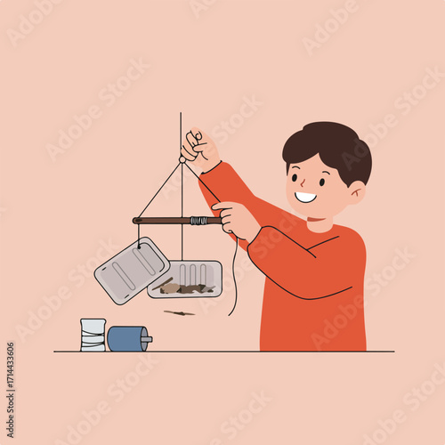 Cartoon boy builds suspended insect habitat craft, using sticks, string, and metal containers