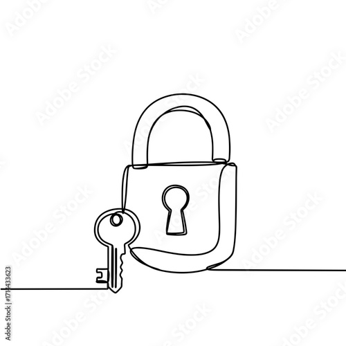 Single-line drawing of a padlock with key on a flat surface  