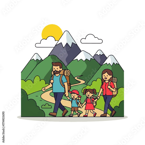 Joyful family with two children hiking together on a scenic mountain trail during a summer adventure