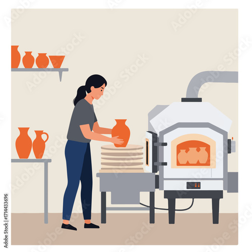 Person placing orange vase onto stack of pottery next to oven, vases on shelf