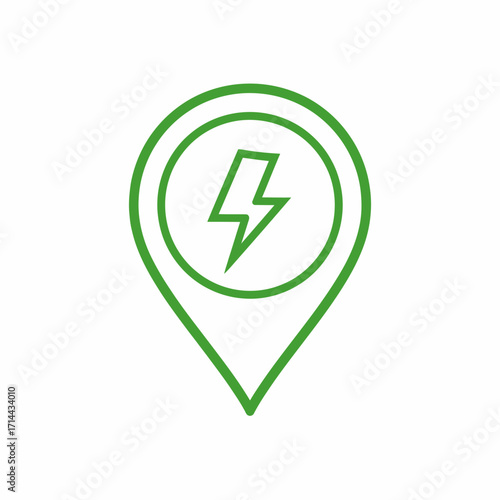 Green location pin icon with lightning bolt symbol, indicating electric vehicle charging station.