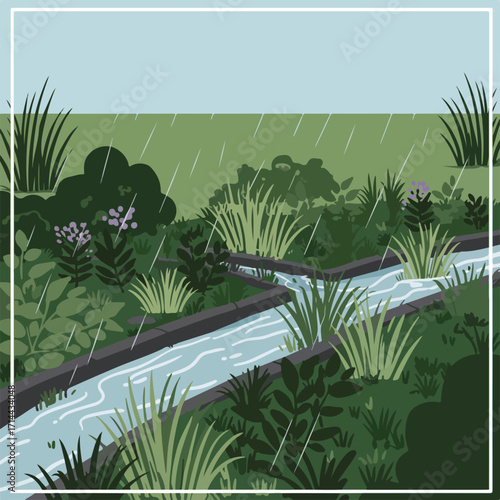 Rainy landscape Water flows through a canal surrounded by green plants under a gray sky