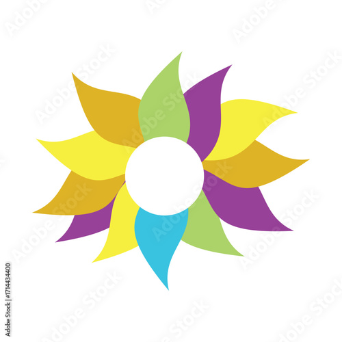 Colorful abstract flower pinwheel icon with curved petals