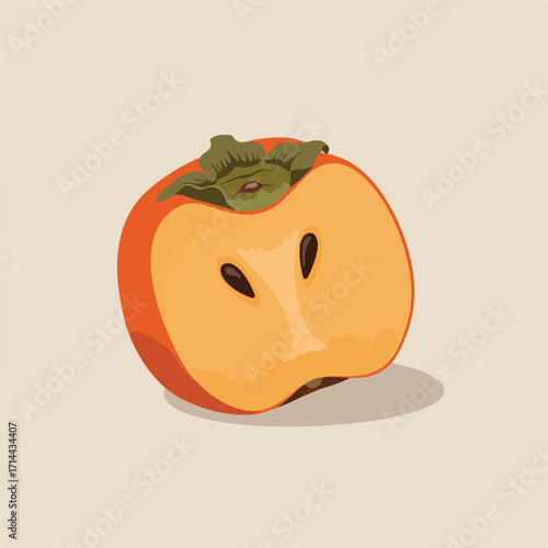 A halved persimmon illustration, with orange skin, brown seeds, green stem & a flat design